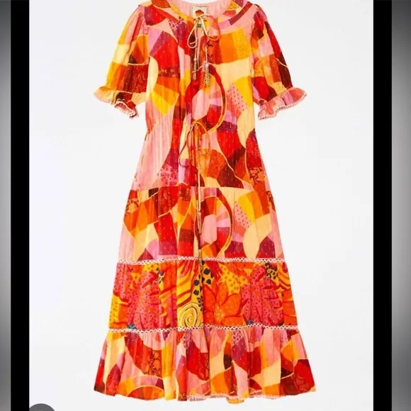 Farm Rio NWT Mixed Patchwork Twirl Midi Dress TIERED Tropical 100% Cotton