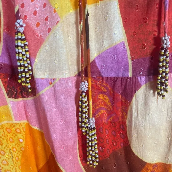 Farm Rio NWT Mixed Patchwork Twirl Midi Dress TIERED Tropical 100% Cotton