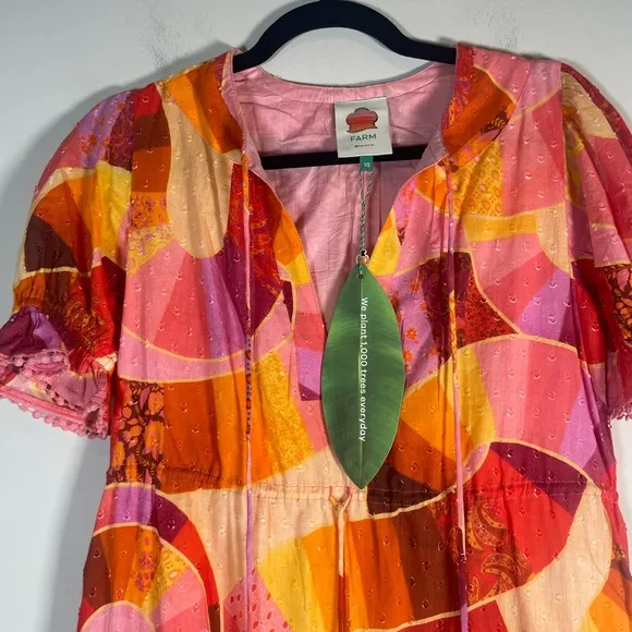 Farm Rio NWT Mixed Patchwork Twirl Midi Dress TIERED Tropical 100% Cotton