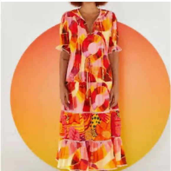 Farm Rio NWT Mixed Patchwork Twirl Midi Dress TIERED Tropical 100% Cotton