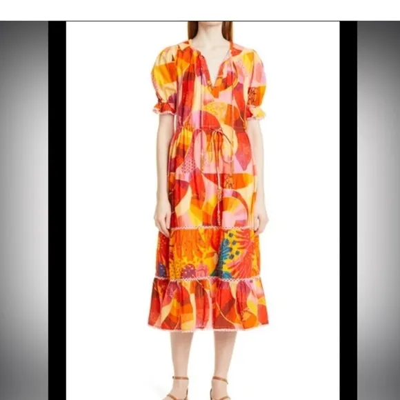 Farm Rio NWT Mixed Patchwork Twirl Midi Dress TIERED Tropical 100% Cotton