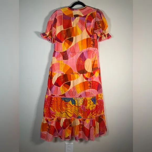 Farm Rio NWT Mixed Patchwork Twirl Midi Dress TIERED Tropical 100% Cotton
