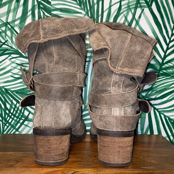 Felmini Distressed Brown Suede Leather Tanker Strap Ankle Boots Women’s 39/8.5-9