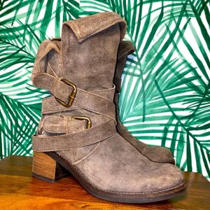 Felmini Distressed Brown Suede Leather Tanker Strap Ankle Boots Women’s 39/8.5-9