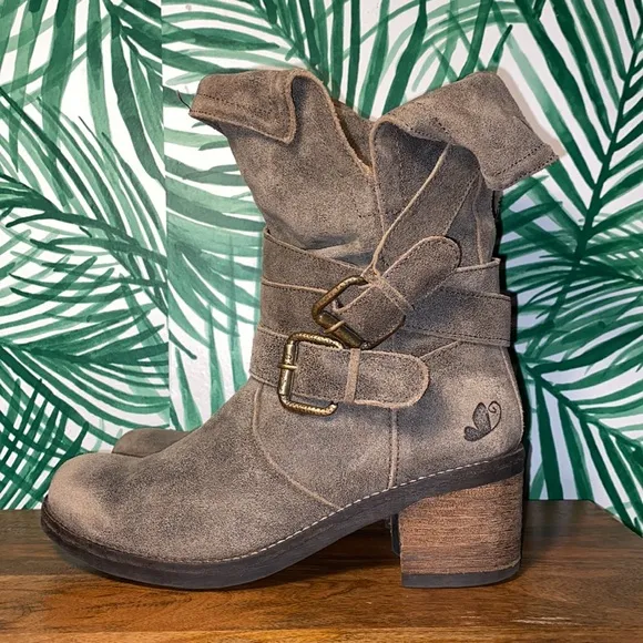 Felmini Distressed Brown Suede Leather Tanker Strap Ankle Boots Women’s 39/8.5-9