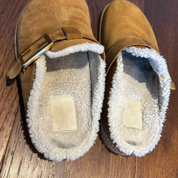 FENDI FEEL / Sabot Shearling &amp; Suede Leather Camel Mules Clogs / 38