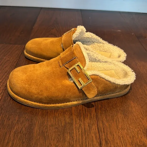 FENDI FEEL / Sabot Shearling &amp; Suede Leather Camel Mules Clogs / 38