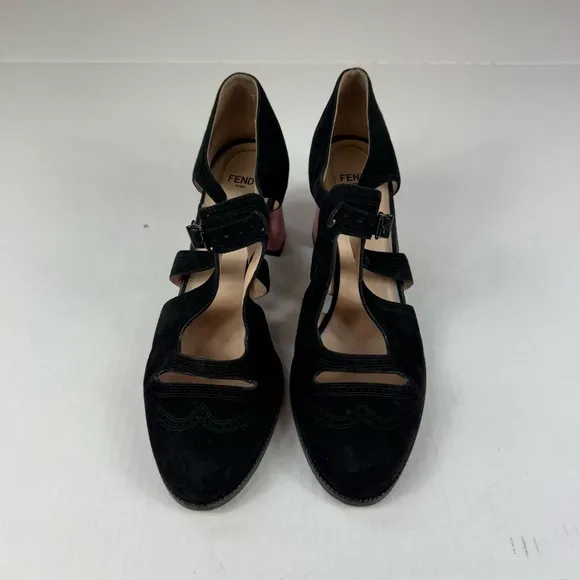 Fendi Mary Jane Cutout Suede Velvet Block Heel Pumps