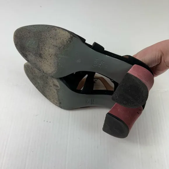 Fendi Mary Jane Cutout Suede Velvet Block Heel Pumps