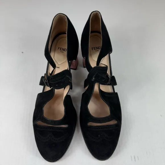 Fendi Mary Jane Cutout Suede Velvet Block Heel Pumps