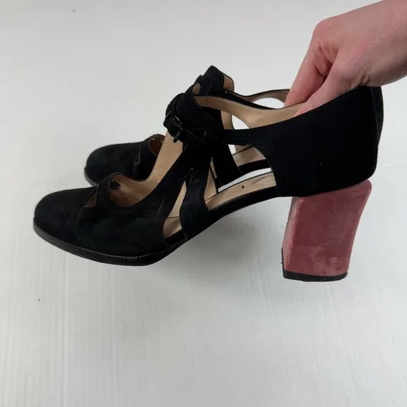 Fendi Mary Jane Cutout Suede Velvet Block Heel Pumps