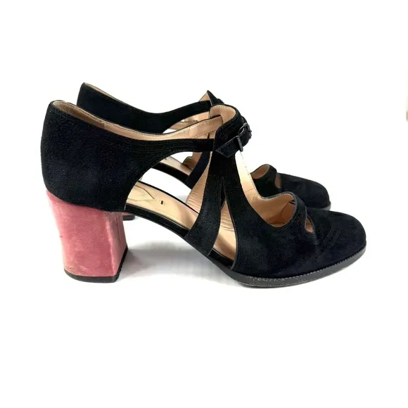 Fendi Mary Jane Cutout Suede Velvet Block Heel Pumps