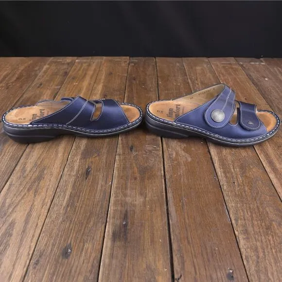 Finn Comfort Slide Sandals Women Size 7.5 Leather Metallic Blue Wedge Sansibar