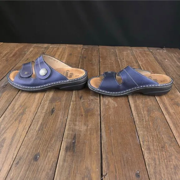 Finn Comfort Slide Sandals Women Size 7.5 Leather Metallic Blue Wedge Sansibar
