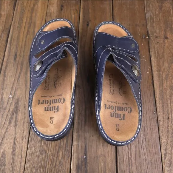 Finn Comfort Slide Sandals Women Size 7.5 Leather Metallic Blue Wedge Sansibar