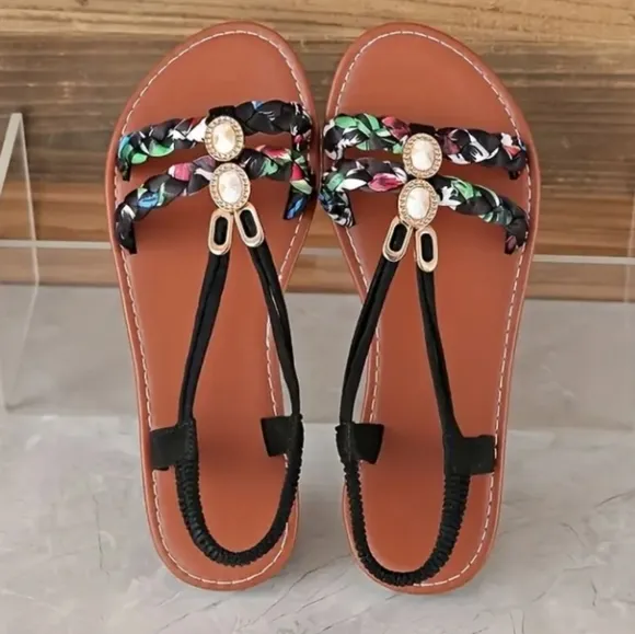 Floral Black Sandals Sz 9