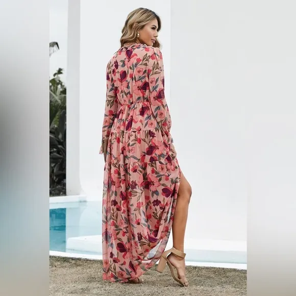 Floral Frill Trim Flounce Sleeve Plunge Maxi Dress