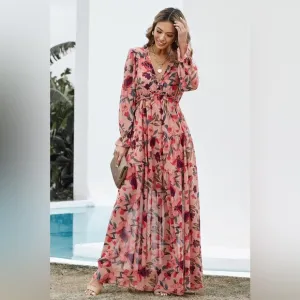 Floral Frill Trim Flounce Sleeve Plunge Maxi Dress