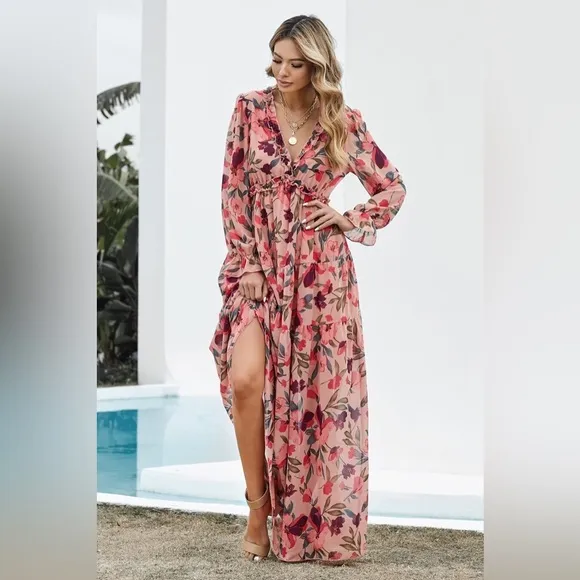 Floral Frill Trim Flounce Sleeve Plunge Maxi Dress