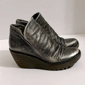 Fly London Antique Silver Yip Wedge Distressed Ankle Boots size 39 or US 8-8.5