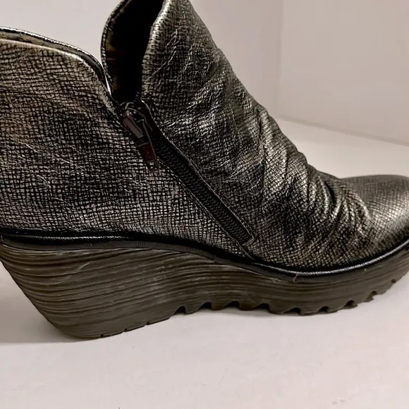 Fly London Antique Silver Yip Wedge Distressed Ankle Boots size 39 or US 8-8.5