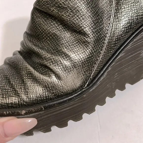 Fly London Antique Silver Yip Wedge Distressed Ankle Boots size 39 or US 8-8.5