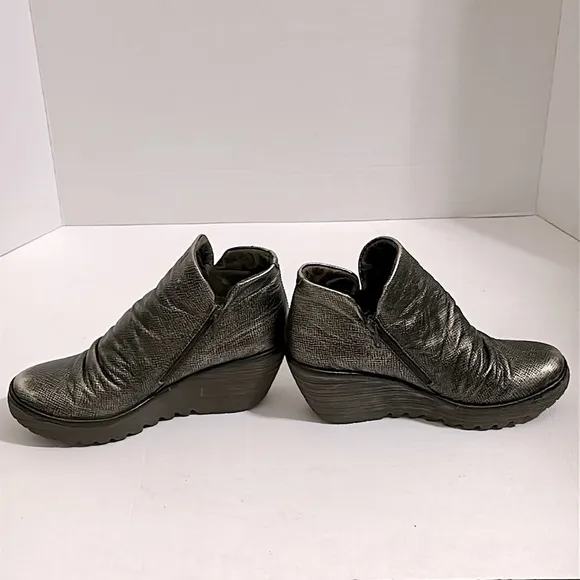 Fly London Antique Silver Yip Wedge Distressed Ankle Boots size 39 or US 8-8.5