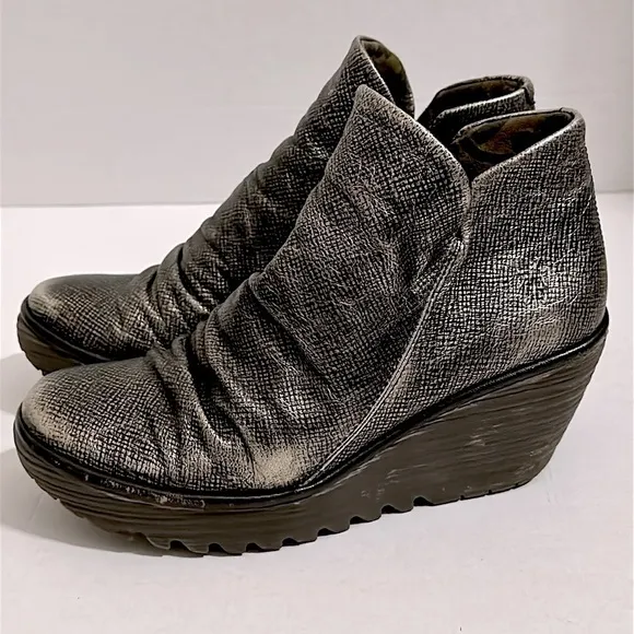 Fly London Antique Silver Yip Wedge Distressed Ankle Boots size 39 or US 8-8.5
