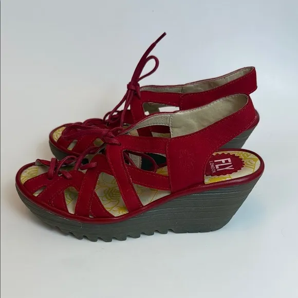 Fly London Red Strappy Wedge Sandals with Gladiator Style Size 37