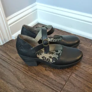 Fly London Women's Black Leather Wifo Mary Jane Heels Shoes Size 37 (7)