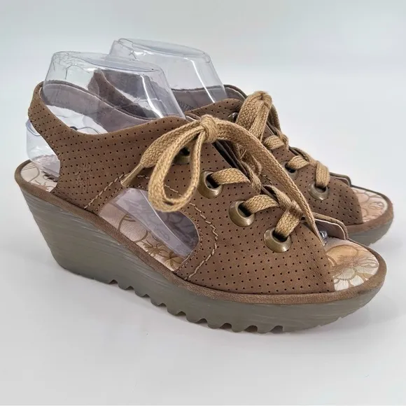 Fly London Ylfa Lace Up Comfort Wedge Sandals Size 39