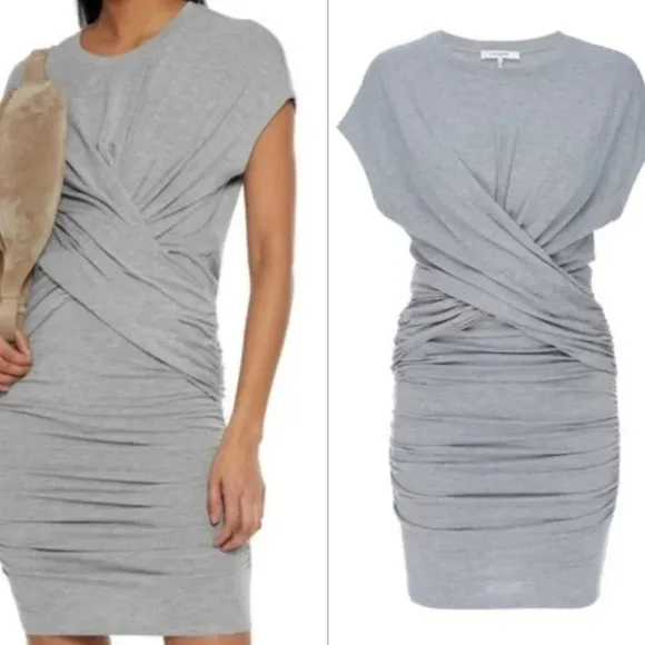 Frame Shirred Muscle Tee Shirt Dress Gris Heather Ruched Midi Stretchy Y2K Style
