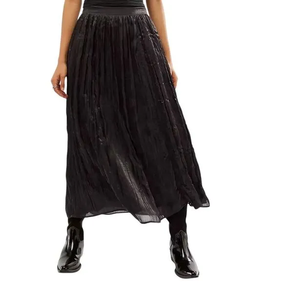 Free People New Vera City Black Pleated Maxi Ankle Skirt with Pockets 2 NWT