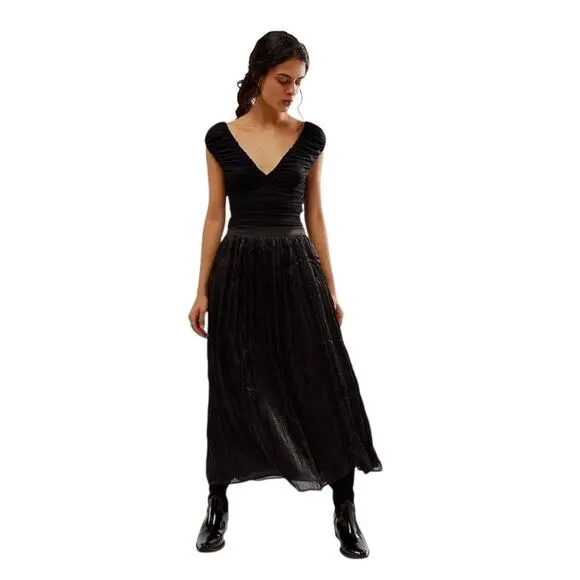 Free People New Vera City Black Pleated Maxi Ankle Skirt with Pockets 2 NWT