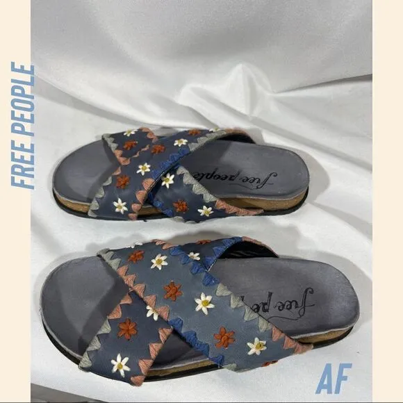 FREE PEOPLE Wildflowers Footbed Embroidered Floral Leather Slide Sandals 36 1/2