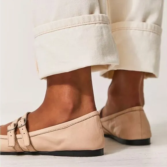 Free People Women’s Gemini Tulle Pink Nude Square Toe Buckle Ballet Flats Size 8