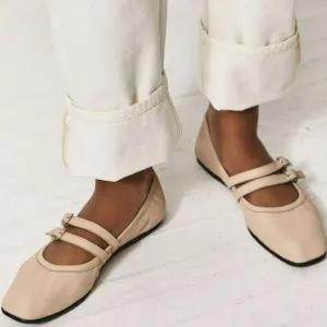 Free People Women’s Gemini Tulle Pink Nude Square Toe Buckle Ballet Flats Size 8