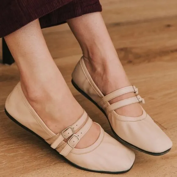 Free People Women’s Gemini Tulle Pink Nude Square Toe Buckle Ballet Flats Size 8