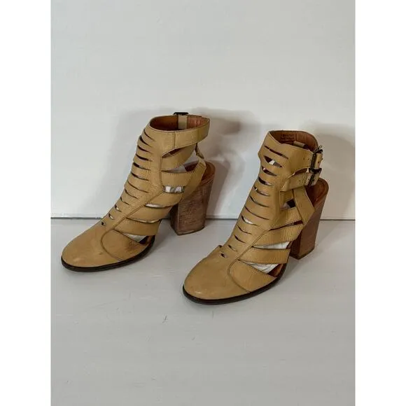 Free People Women's Leather Block Heel Ankle Cutout Boots Booties Tan SZ 40/10