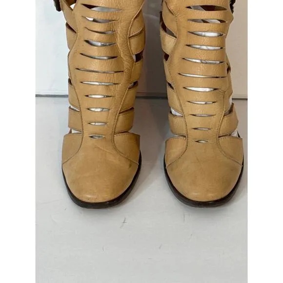 Free People Women's Leather Block Heel Ankle Cutout Boots Booties Tan SZ 40/10