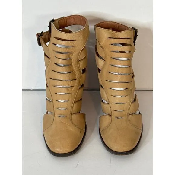 Free People Women's Leather Block Heel Ankle Cutout Boots Booties Tan SZ 40/10