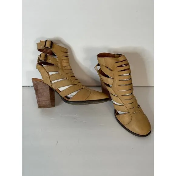 Free People Women's Leather Block Heel Ankle Cutout Boots Booties Tan SZ 40/10