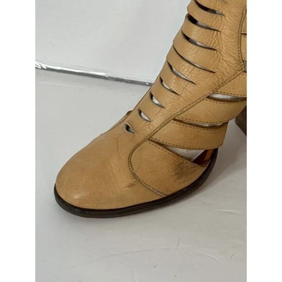 Free People Women's Leather Block Heel Ankle Cutout Boots Booties Tan SZ 40/10