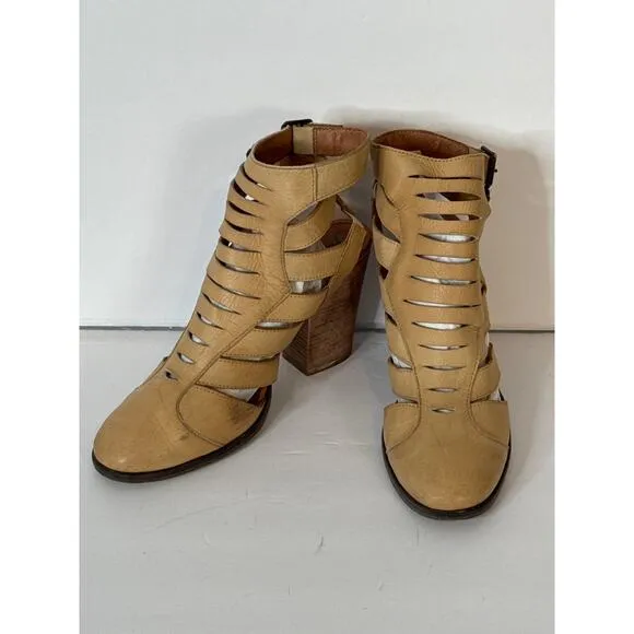 Free People Women's Leather Block Heel Ankle Cutout Boots Booties Tan SZ 40/10