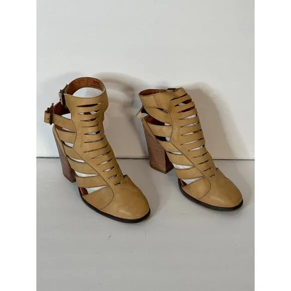 Free People Women's Leather Block Heel Ankle Cutout Boots Booties Tan SZ 40/10