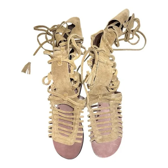 Free People Women's Sun Seeker Tan Gladiator knee-high flat Sandals size EU 38