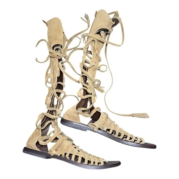Free People Women's Sun Seeker Tan Gladiator knee-high flat Sandals size EU 38