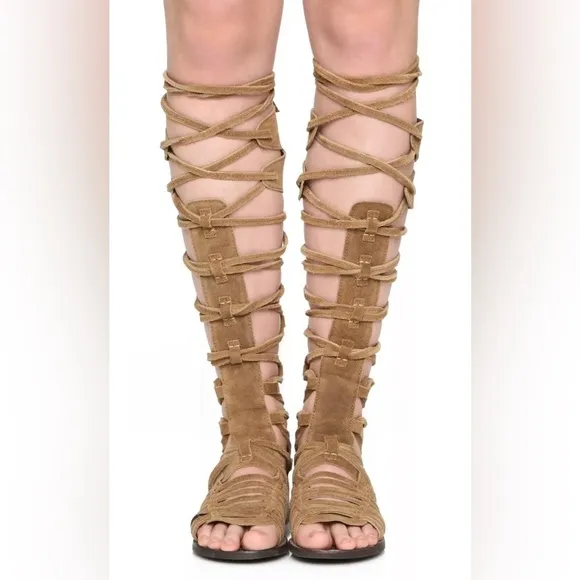 Free People Women's Sun Seeker Tan Gladiator knee-high flat Sandals size EU 38
