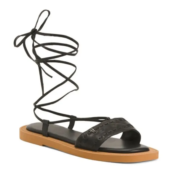 FRYE Genuine black Leather Faye Ankle Tie Sandals 599T0