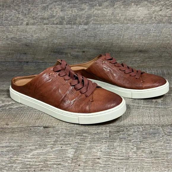 Frye Ivy Low Lace Mule Sneakers Shoes Womens 9 M Cognac Brown Leather Slip On